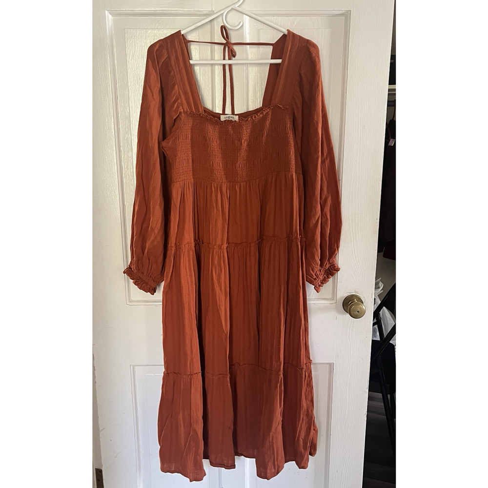 Umgee Women Milk Maid Smocked Tiered Orange Dress L Balloon Sleeve Cottage Fall